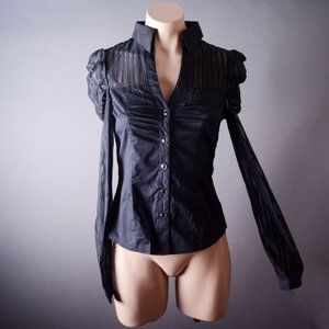 Black Long Sleeve Button Up V Neck Steampunk Gothic Stripe Shirt Blouse Top NEW